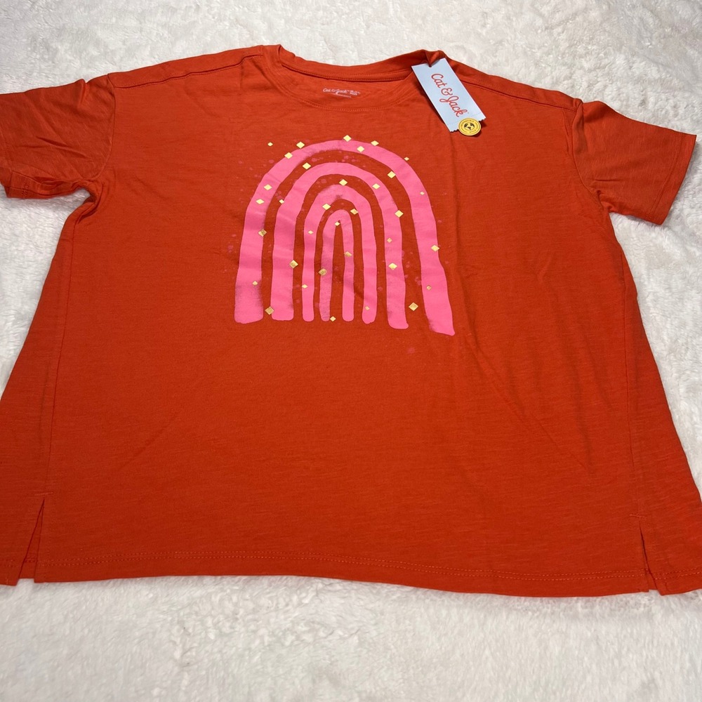 Cat Jack Girls Plus XL Orange Rainbow Graphic T Shirt NWT